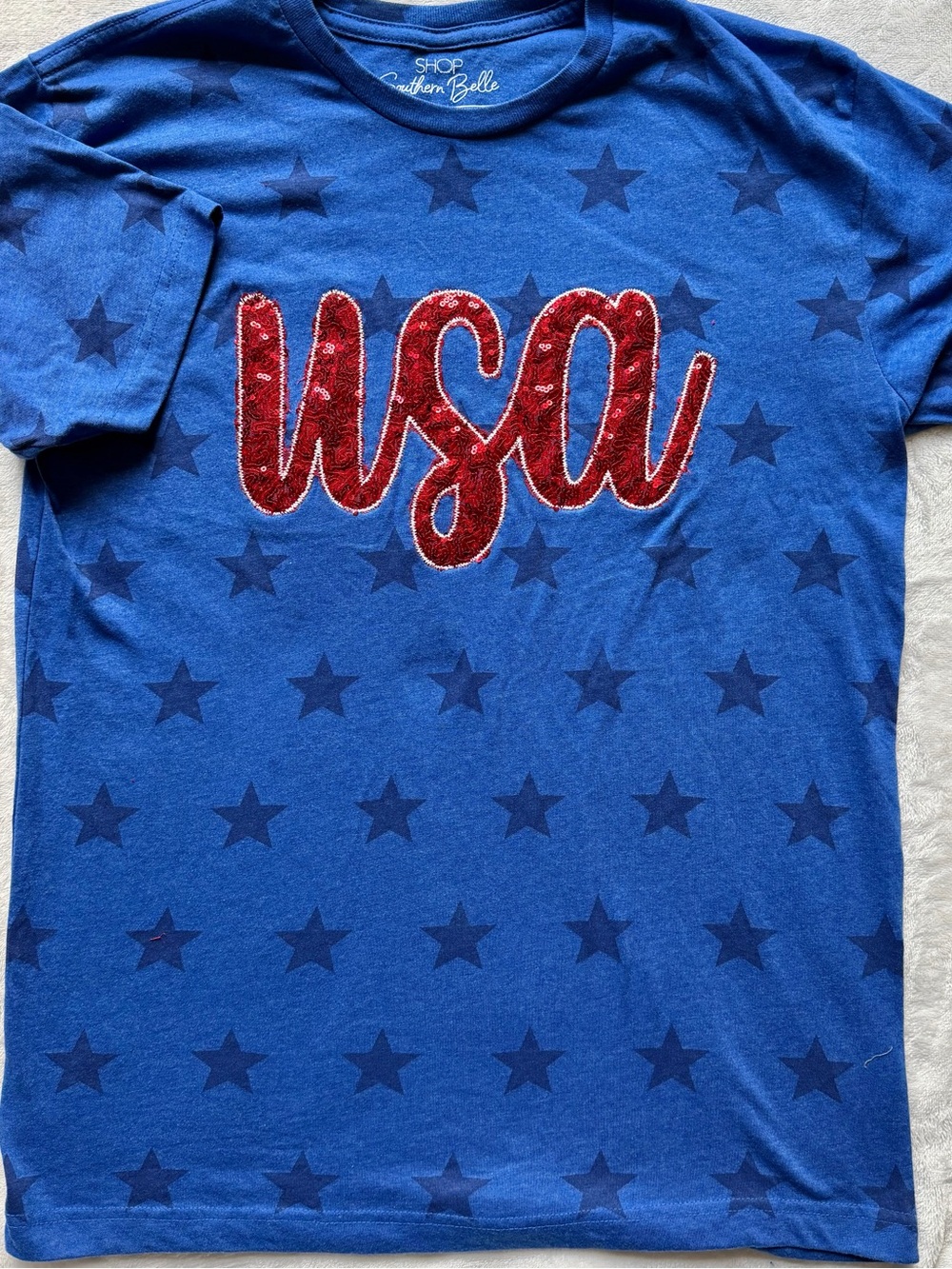 Royal Blue Star and Red Sequin ‘USA' Red Short Sleeve Tee